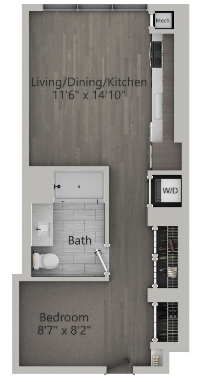 Floor plan for 1 bed, 1 bath, 533 sqft